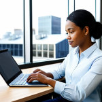 A focused professional, gender-neutral, of diverse ethnicity, in a modest business casual outfit, sits comfortably at a sleek desk in a bright, modern co-working space. The individual is actively typing on a contemporary laptop, with a tablet displaying digital notes nearby. The background features blurred shelves of digital devices and a large window looking out onto a modern city skyline. The scene emphasizes the accessibility and democratization of authorship in the digital era. Perfect anatomy, correct proportions, natural pose, well-formed hands, proper finger count, natural body proportions. Professional photography, high resolution, soft lighting. Safe for work, appropriate content, fully clothed, professional.