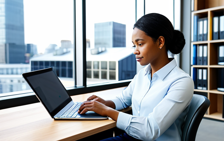 A focused professional, gender-neutral, of diverse ethnicity, in a modest business casual outfit, sits comfortably at a sleek desk in a bright, modern co-working space. The individual is actively typing on a contemporary laptop, with a tablet displaying digital notes nearby. The background features blurred shelves of digital devices and a large window looking out onto a modern city skyline. The scene emphasizes the accessibility and democratization of authorship in the digital era. Perfect anatomy, correct proportions, natural pose, well-formed hands, proper finger count, natural body proportions. Professional photography, high resolution, soft lighting. Safe for work, appropriate content, fully clothed, professional.