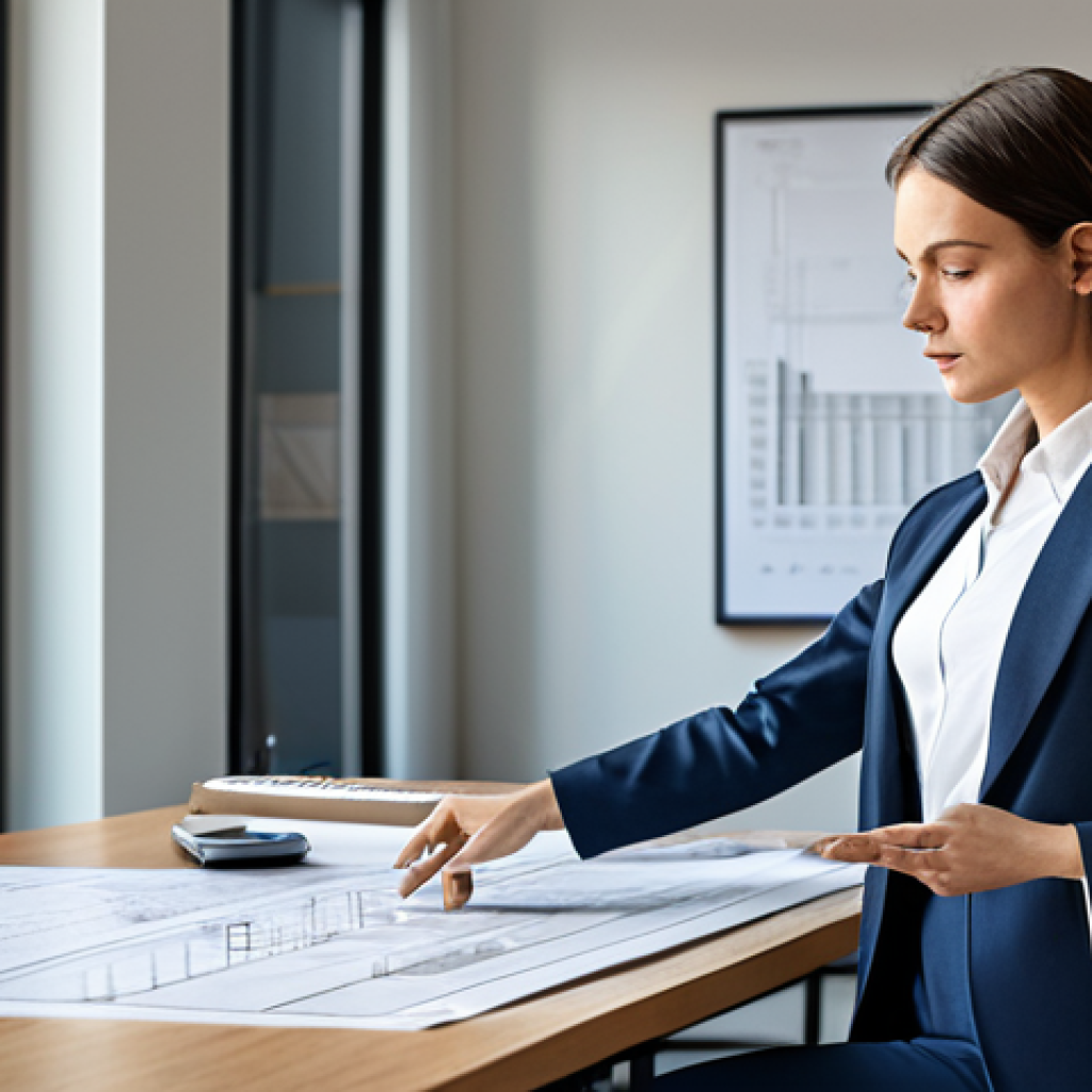 **

A professional female architect in a modern, sunlit office. She is wearing a modest business casual outfit: a tailored blazer, a collared shirt, and dress pants. She is reviewing blueprints spread across a large desk, with architectural models and design software visible in the background. Perfect anatomy, correct proportions, natural pose, well-formed hands, proper finger count, natural body proportions. Safe for work, appropriate content, fully clothed, professional.

**
