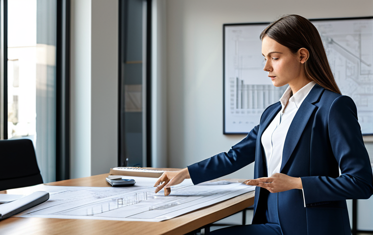 **

A professional female architect in a modern, sunlit office. She is wearing a modest business casual outfit: a tailored blazer, a collared shirt, and dress pants. She is reviewing blueprints spread across a large desk, with architectural models and design software visible in the background. Perfect anatomy, correct proportions, natural pose, well-formed hands, proper finger count, natural body proportions. Safe for work, appropriate content, fully clothed, professional.

**
