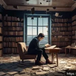 Home 18 모더니즘 소설 기법 - A surreal modernist literary scene depicting fragmented space and time: a dimly lit room with shatte...