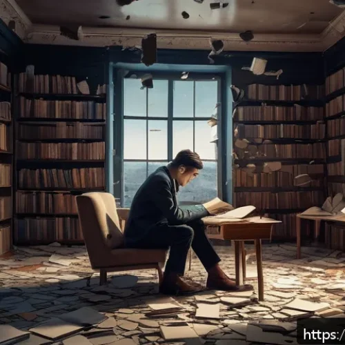 Home 13 모더니즘 소설 기법 - A surreal modernist literary scene depicting fragmented space and time: a dimly lit room with shatte...
