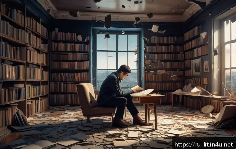 모더니즘 소설 기법 - A surreal modernist literary scene depicting fragmented space and time: a dimly lit room with shatte...