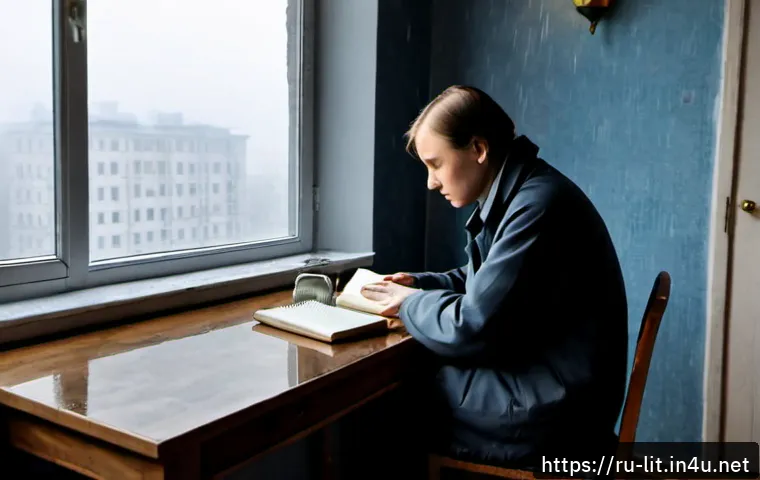 Home 15 실존주의 문학 - Photorealistic solitary Russian writer in a modest Moscow apartment at dawn, seated beside a rain-st...