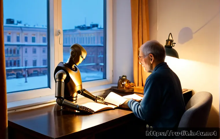 SF 문학과 기술 발전 - Photorealistic editorial scene in a cozy Moscow apartment study at blue hour, an older Russian scien...